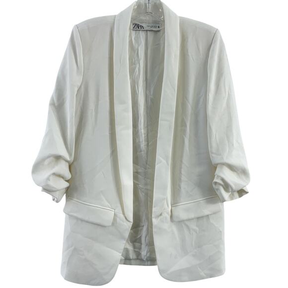 Zara Jackets & Blazers - Zara White Ruched 3/4 Sleeve Blazer Polyester Women's XS Basic Jacket Preowned